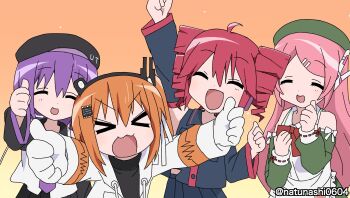 &gt;_&lt; 4girls :3 a.i._voice adachi_rei ahoge apron arm_up beret bow bowtie closed_eyes detached_sleeves double_thumbs_up drill_hair gloves hair_ornament hairclip hat headphones highres jacket kasane_teto kasane_teto_(utau) long_hair long_sleeves lucky_star momone_momo multiple_girls natunashi open_clothes open_jacket open_mouth orange_hair parody pink_hair purple_hair robot_ears shirt sleeveless sleeveless_shirt smile thumbs_up twin_drills utane_uta utau