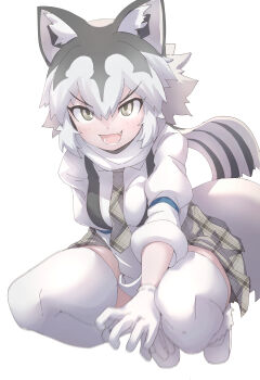 1girl absurdres animal_ears eastern_wolf_(kemono_friends) extra_ears gloves grey_eyes grey_hair highres kemono_friends looking_at_viewer lowlandgorilla necktie scarf shirt shoes short_hair simple_background sitting skirt solo tail thighhighs wolf_ears wolf_girl wolf_tail