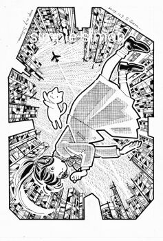 Rule 34 | 1girl, :3, aircraft, airplane, animal, artist name, building, cat, city, commentary request, contrail, crosshatching, dated, dress, from below, full body, greyscale, hand up, hatching (texture), linear hatching, loafers, long hair, monochrome, original, parted lips, ponytail, shoes, skyscraper, socks, solo, traditional media, zpihr6jprso2r2l