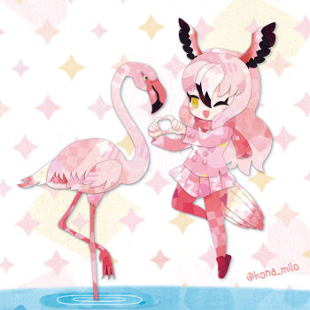 1girl four-finger_heart_hands animal bird bird_girl bird_tail bird_wings feathered_wings full_body greater_flamingo_(kemono_friends) head_wings heart heart_hands jacket kemono_friends kikuchi_milo long_hair looking_at_viewer one_eye_closed pantyhose pink_hair scarf shoes simple_background skirt star_(symbol) tail wings yellow_eyes