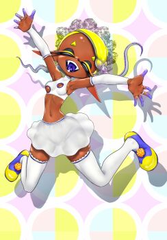 1girl armpits arms_up blonde_hair bra breasts bridal_gauntlets cleavage cleavage_cutout closed_eyes clothing_cutout colored_eyelashes colored_tongue fangs frye_(splatoon) gradient_hair highres jumping koharu2.5 long_hair miniskirt multicolored_hair multicolored_shoes narrow_waist navel nintendo open_mouth outstretched_arms pointy_ears pointy_nose polka_dot polka_dot_hair purple_hair purple_mouth purple_tongue shadow skirt small_breasts smile solo splatoon_(series) spread_arms thick_eyebrows thighhighs underboob underwear uvula white_bra white_skirt white_thighhighs wide_hips