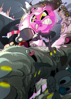2boys absurdres angry chef_saltbaker clenched_teeth cup cuphead cuphead_(game) doi_m2000 drinking_straw eldritch_abomination falling fighting glass glass_shards gloves glowing highres looking_at_another looking_down menacing mugman multiple_boys multiple_faces no_humans pointing salt salt_shaker size_difference teeth tower white_gloves