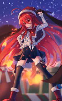 1girl absurdres ahoge alternate_costume bell black_skirt black_thighhighs blurry blurry_background blush boots bow bow_legwear bowtie box cape capelet christmas closed_mouth commentary_request eyelashes fire floating_hair full_body fur-trimmed_boots fur-trimmed_capelet fur-trimmed_thighhighs fur_trim gift gift_box hair_between_eyes hand_on_own_hip hat highres holding holding_unworn_cape holding_unworn_clothes huge_ahoge legwear_bell long_hair long_sleeves looking_at_viewer miniskirt mistletoe night outdoors pleated_skirt pom_pom_(clothes) pyrokinesis red_boots red_bow red_bowtie red_capelet red_eyes red_hair red_hat ribbon-trimmed_sleeves ribbon_trim santa_costume santa_hat seiyagasa shakugan_no_shana shana shirt sidelighting sidelocks skirt smile snowing solo split_mouth standing straight_hair thighhighs unworn_cape very_long_hair white_shirt winter