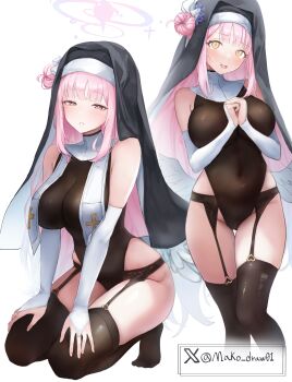 1girl absurdres alternate_costume bare_shoulders black_garter_belt black_leotard black_thighhighs black_veil blue_archive blunt_bangs blush breast_curtains breasts bridal_gauntlets bright_pupils cleavage commentary_request covered_navel cross cross_print curvy embarrassed feathered_wings feet_out_of_frame flower full_body garter_belt garter_straps groin hair_bun hair_ornament half-closed_eyes halo hands_on_own_thighs hands_up hat hat_flower heart highleg highleg_leotard highres kneeling korean_commentary large_breasts leotard long_hair looking_at_viewer low_wings mako_draw01 mika_(blue_archive) multiple_views no_shoes nun open_mouth own_hands_together parted_lips pink_hair pink_halo purple_flower sidelocks simple_background single_side_bun skindentation standing tearing_up thigh_gap thighhighs thighs twitter_username veil very_long_hair white_background white_bridal_gauntlets white_pupils white_wings wings yellow_eyes