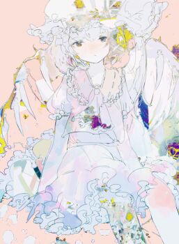 Rule 34 | 1girl, abstract, arm support, ascot, closed mouth, collar, collared shirt, commentary request, crystal wings, feet out of frame, flandre scarlet, frilled collar, frilled skirt, frills, hat, hat ribbon, looking at viewer, orange background, ribbon, shirt, short hair, sitting, skirt, solo, touhou, tsukamoto anabone, vest, wings