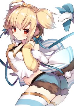 1girl andira_(flower_frolic)_(granblue_fantasy) andira_(granblue_fantasy) animal_ears blonde_hair blue_ribbon blue_shorts breasts commentary_request cowboy_shot erune fur-trimmed_shorts fur_trim granblue_fantasy long_sleeves looking_at_viewer midriff monkey_ears monkey_girl monkey_tail navel red_eyes ribbon sakofu shorts simple_background smile solo striped_clothes striped_thighhighs tail tail_ornament thighhighs white_background