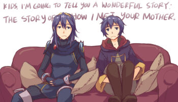 blue_hair brother_and_sister couch fire_emblem fire_emblem_awakening hairband hood how_i_met_your_mother looking_at_viewer lucina_(fire_emblem) male_morgan_(fire_emblem) nintendo parody pillow red_upholstery siblings simple_background sitting