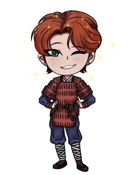 Rule 34 | 1boy, ;d, bandaged leg, bandages, brown hair, contrapposto, full body, green eyes, hands on own hips, highres, kai (shadow slave), looking at viewer, male focus, one eye closed, open mouth, red tunic, rope belt, shadow slave, short hair, smile, solo, sparkle, standing, tunic