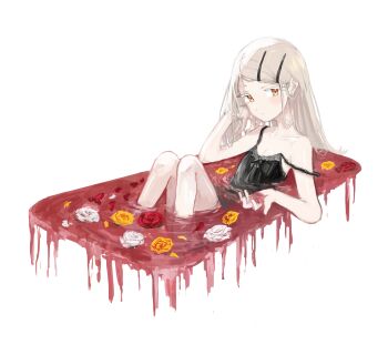 Rule 34 | 1girl, absurdres, ambiguous red liquid, bath, bathing, black camisole, breasts, camisole, colored eyelashes, commentary request, earrings, flipped hair, flower, gakuen idolmaster, grey hair, hair ornament, hairclip, head on hand, highres, idolmaster, jewelry, k6tetsu, knees up, long hair, looking at viewer, orange eyes, parallel hairclips, partially submerged, red flower, red rose, rose, shinosawa hiro, sitting, small breasts, solo, strap slip, stud earrings, white background, white flower, white rose, yellow flower, yellow rose