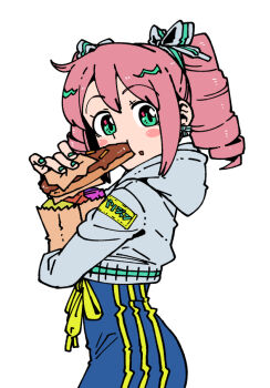 Rule 34 | 1girl, bag, blue nails, blue pants, blush stickers, bow, bow earrings, commentary request, cropped hoodie, cropped jacket, drill hair, earrings, eating, eyelashes, food in mouth, grey hoodie, hair bow, hanabishi haruka, high-waist pants, hood, hoodie, jewelry, looking at viewer, mahou shoujo ni akogarete, ononaka akihiro, pants, paper bag, simple background, solo, twin drills, white background