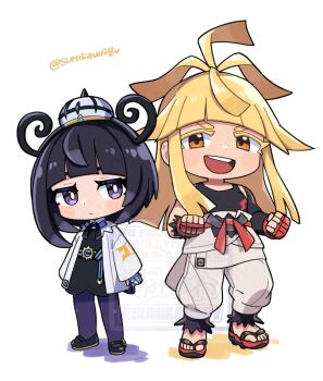 1boy 1girl belt belt_buckle black_dress black_gloves black_hair black_shirt black_shoes blonde_hair blue_gloves brother_and_sister buckle chibi chibi_only clenched_hands closed_mouth coat commentary_request dress fingerless_gloves full_body gloves gwynn_(pokemon) hat ivor_(pokemon) long_hair long_sleeves looking_at_viewer mole mole_under_mouth nintendo o-ring o-ring_belt open_clothes open_coat open_mouth pants pantyhose partially_fingerless_gloves pokemon pokemon_legends:_z-a purple_eyes purple_pantyhose red_eyes sandals shirt shoes short_hair siblings sleeveless sleeveless_shirt sumikawa_(sumikawa8v) teeth twitter_username upper_teeth_only white_coat white_pants