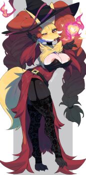 1girl animal_ear_fluff animal_nose areola_slip belt black_fur black_hat body_fur braid braided_animal_ear_fluff breasts breath_weapon breathing_fire claws cleavage clothed_pokemon covered_erect_nipples delphox dress fire fu_li_jiang full_body furry furry_female garter_straps gen_6_pokemon hands_up hat heart heart_of_fire highres lace lace_thighhighs large_breasts looking_at_viewer mole mole_under_eye multicolored_fur nintendo one_eye_closed partial_humanization pokemon pokemon_(creature) pokemon_focus red_dress red_eyes red_fur side_slit snout solo standing stirrup_legwear strapless strapless_dress thighhighs thighs toeless_legwear white_fur witch witch_hat yellow_fur