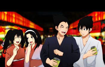 2boys 2girls black_hair brown_eyes can drink_can festival highres holding_soda_can japanese_clothes kassichan kazama_jin kazama_jun kimono laughing ling_xiaoyu mishima_kazuya multiple_boys multiple_girls namco soda_can tekken tekken_2 tekken_3 tekken_4 tekken_5_(dark_resurrection) tekken_7 tekken_8 tekken_blood_vengeance tekken_bloodline tekken_tag_tournament tekken_tag_tournament_2