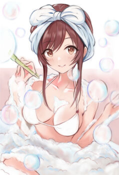 1girl bare_shoulders bikini blush breasts bubble cleavage collarbone commentary_request idolmaster idolmaster_shiny_colors long_hair looking_at_viewer medium_breasts nannacy7 open_mouth osaki_amana red_hair smile soap_bubbles solo swept_bangs swimsuit towel towel_on_head wet white_bikini yellow_eyes