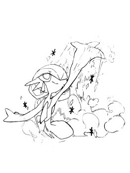 Rule 34 | 1girl, :>, arm up, bob cut, closed mouth, cropped torso, female focus, flat chest, frost, gardevoir, gen 3 pokemon, greyscale, hair over one eye, looking up, monochrome, nintendo, one eye covered, outstretched arm, pokemon, pokemon (creature), powerpuff (pixiv 60944739), short hair, simple background, sketch, solo, sparkle, split mouth, upper body, white background