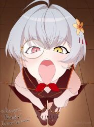 ahoge animated bare_shoulders blue_hair blush breasts brown_pantyhose brown_sleeves continuous_ejaculation cum cum_in_mouth cum_on_body cum_on_hair cum_on_tongue detached_collar detached_sleeves ecoest ejaculation facial gokkun hair_between_eyes hetero heterochromia jyuri_(pixiv274999) kneeling large_breasts opaluva open_mouth orange_eyes original pantyhose red_eyes sound sound_effects tagme tongue tongue_out video voice_actor