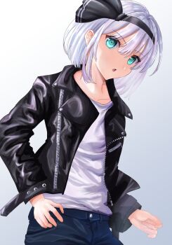 Rule 34 | 1girl, alternate costume, aqua eyes, black hairband, black jacket, blue pants, collarbone, commentary request, dinotodon, hairband, highres, jacket, konpaku youmu, leather, leather jacket, long sleeves, open clothes, open jacket, open mouth, pants, shirt, shirt tucked in, solo, touhou, white background, white hair, white shirt