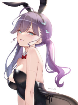 Rule 34 | 1girl, ahoge, akiyomi, animal ears, bare shoulders, black hairband, black leotard, black pantyhose, blush, bow, bowtie, braid, breasts, butterfly hair ornament, commentary request, detached collar, fake animal ears, gakuen idolmaster, hair ornament, hairband, highres, idolmaster, kaya rinha, leotard, long hair, looking at viewer, medium breasts, pantyhose, parted lips, playboy bunny, purple hair, rabbit ears, red bow, red bowtie, simple background, smile, solo, strapless, strapless leotard, twintails, white background