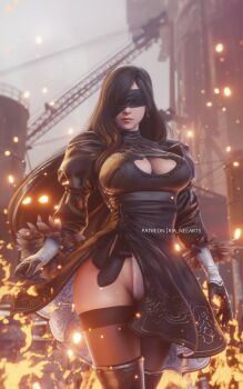 1girl 2b_(nier:automata) 2b_(nier:automata)_(cosplay) 3d black_boots black_dress black_hair blindfold boots breasts cleavage cleavage_cutout clothing_cutout commentary company_connection cosplay dress earrings embers english_commentary feather-trimmed_sleeves feet_out_of_frame final_fantasy final_fantasy_vii final_fantasy_vii:_ever_crisis fire highleg highleg_leotard highres jewelry juliet_sleeves large_breasts leotard leotard_under_clothes long_hair long_sleeves low-tied_long_hair nier:automata nier_(series) official_alternate_costume puffy_sleeves red_lips ria_(baka-neearts) single_earring solo standing thigh_boots thighhighs thighhighs_under_boots tifa_lockhart turtleneck turtleneck_dress