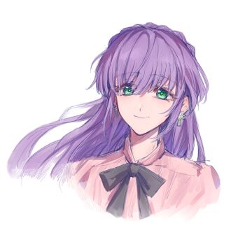 1girl black_bow black_bowtie bow bowtie braid closed_mouth commentary cropped_shoulders crown_braid earrings flower_earrings green_eyes hair_between_eyes highres jewelry link!_like!_love_live! long_hair looking_at_viewer love_live! otomune_kozue otomune_kozue_(post-graduation) pink_shirt portrait purple_hair shirt sidelocks smile solo symbol-only_commentary virtual_youtuber yrxy_settingsun