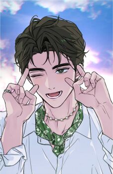 1boy bead_necklace beads black_hair cloud commentary_request double_v green_eyes hamin_(plave) hands_up highres jewelry k-pop korean_commentary looking_at_viewer lower_teeth_only male_focus necklace one_eye_closed open_mouth plave rjduf666 shirt short_hair sky smile solo swept_bangs teeth upper_body v white_shirt