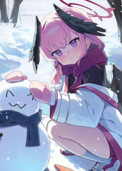 1girl absurdres alternate_costume alternate_hairstyle bada_(jksh5056) black_shirt black_wings blue_archive blue_scarf character_snowman coat commentary_request doodle_sensei_(blue_archive) halo head_wings highres koharu_(blue_archive) light_blush looking_at_viewer low_side_ponytail mittens outdoors pink_eyes pink_hair pink_mittens purple_scarf purple_shorts red_halo scarf sensei_(blue_archive) shirt shorts snow snowing snowman socks solo squatting tree white_coat white_socks winged_halo wings winter