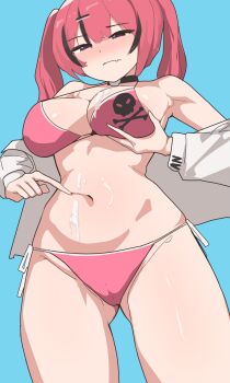 1girl bare_shoulders bikini black_hair blush breasts cameltoe cleavage closed_mouth collarbone fang food food_on_body food_on_breasts frown gloomyowl goddess_of_victory:_nikke hair_between_eyes hair_ornament highres ice_cream jacket large_breasts mast_(a_pirate's_heart)_(nikke) mast_(nikke) midriff multicolored_hair navel off_shoulder_jacket pink_bikini pink_hair purple_eyes see-through_clothes see-through_jacket sexually_suggestive short_twintails side-tie_bikini_bottom skin_fang skull_choker skull_hair_ornament skull_ornament skull_print solo streaked_hair string_bikini swimsuit twintails white_jacket