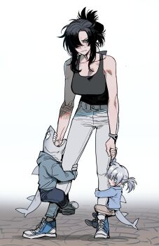 1boy 2girls age_difference annoyed arm_tattoo biting biting_another's_hand biting_hand black_hair black_tank_top blue_eyes blue_footwear blue_hoodie blue_pants breasts brother_and_sister brown_pants can't_choose_your_own_family child cleavage collarbone fins fish_tail full_body furry furry_male grey_hair grey_pants height_difference highres hood hoodie hugging_another's_leg large_breasts leg_bite long_hair mature_female messy_hair mother_and_daughter mother_and_son multiple_girls original pants ponytail ratatatat74 sanpaku shark shark_boy shark_girl shark_tail sharp_teeth shoes short_hair siblings sidelocks sweatdrop tail tank_top tattoo teeth tile_floor tiles watch white_background wristwatch