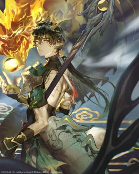 Rule 34 | 1boy, absurdres, armor, back cutout, black gloves, black hair, black shirt, blurry, closed mouth, clothing cutout, commentary, cowboy shot, dan heng (honkai: star rail), dan heng (permansor terrae) (honkai: star rail), dragon, dragon boy, dragon horns, dragon tail, earrings, eastern dragon, eastern dragon horns, eastern dragon tail, english commentary, eyeliner, eyeshadow, fingerless gloves, floating, floating object, from behind, gloves, glowing, gradient hair, grey eyes, hair between eyes, hand up, highres, holding, holding polearm, holding weapon, honkai: star rail, honkai (series), horns, jewelry, kkuekkue (chifer1958), light particles, long hair, looking at viewer, looking back, low ponytail, makeup, male focus, multicolored hair, orb, parted lips, pointy ears, polearm, ponytail, red eyeshadow, scales, shirt, short sleeves, shoulder armor, slit pupils, smoke, solo, spear, standing, tail, tassel, toned, toned male, turtleneck, twitter username, watermark, weapon, xiangyun