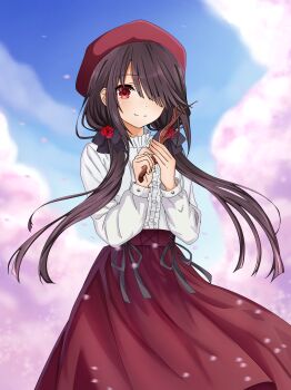 1girl absurdres alternate_costume black_hair cherry_blossoms clock_eyes date_a_live dress falling_petals hat highres light_smile long_hair long_sleeves looking_at_viewer low_twintails outdoors petals red_eyes red_hat red_skirt shirt skirt smile solo symbol-shaped_pupils tokisaki_kurumi twintails white_shirt xdlloyd091x