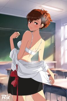 1girl artist_logo artist_name asymmetrical_hair back black_skirt blurry blurry_background blush bow bowtie bra breasts brown_hair chalkboard classroom closed_mouth commentary commission cowboy_shot desk english_commentary eyelashes from_behind gekkoukan_high_school_uniform hair_between_eyes hair_ornament hairclip hand_up highres indoors logo looking_at_viewer looking_back medium_breasts miniskirt orange_hair partially_undressed persona persona_3 persona_3_portable pink_lips pixiv_commission r3dfive red_bow red_bowtie red_eyes school_desk school_uniform shadow shiomi_kotone shirt shirt_partially_removed short_hair skirt smile solo standing thighs underwear unworn_bowtie white_bra white_shirt x_hair_ornament