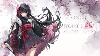 1girl alternate_costume arm_cutout asaba_(asaba_6771) black_hair black_kimono breasts chinese_commentary chisa_(wuthering_waves) closed_mouth clothing_cutout commentary_request flower hair_flower hair_ornament hair_ribbon hand_on_own_chest highres japanese_clothes kimono long_hair looking_at_viewer medium_breasts merchandise_available pink_eyes red_ribbon ribbon solo tacet_mark_(wuthering_waves) wuthering_waves