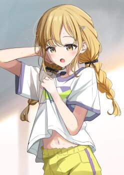 1girl :o black_ribbon blonde_hair blush braid fujita_kotone gakuen_idolmaster hair_ribbon hand_in_own_hair highres idolmaster keito4f long_hair navel ribbon shirt short_sleeves solo sweat twin_braids white_shirt yellow_eyes