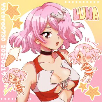 1girl 2025 :d :o artist_name black_choker blush breasts brown_eyes character_name chibi choker cleavage collarbone commentary_request covered_erect_nipples dr._stone food hair_ornament hair_over_one_eye hand_on_own_chest highres ice_cream ice_cream_cone lips looking_at_viewer luna_wright medium_breasts multiple_views nipples open_mouth parted_lips pink_background pink_hair polka_dot red_lips retro_artstyle shirt short_hair smile solo star_(symbol) star_hair_ornament star_symbol_background striped_clothes striped_shirt surprised upper_body yatarou_(yataro0730) yellow_background