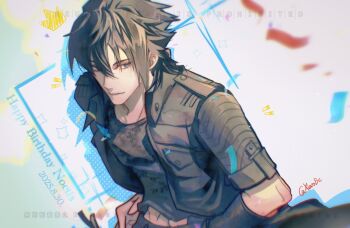 Rule 34 | 1boy, black hair, black shirt, blue eyes, character name, crown (symbol), dated, final fantasy, final fantasy xv, fingerless gloves, gloves, hair between eyes, hand on own hip, happy birthday, hashtag-only commentary, highres, jacket, male focus, midriff peek, noctis lucis caelum, shirt, short hair, single glove, solo, twitter username, upper body, xerobc