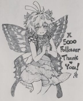 1girl absurdres antenna_hair blush bug butterfly carbohydrate_(asta4282) character_name commentary_request cropped_legs dated english_text eternity_larva highres insect leaf leaf_on_head looking_at_viewer milestone_celebration open_mouth short_hair simple_background skirt solo touhou traditional_media