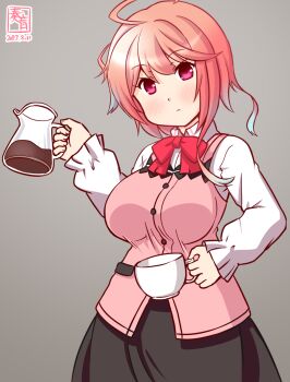 1girl ahoge artist_logo black_shirt bow bowtie coffee_pot cosplay cup dated gochuumon_wa_usagi_desu_ka? gradient_hair grey_background holding_coffee_pot hoto_cocoa hoto_cocoa_(cosplay) i-58_(kancolle) kanon_(kurogane_knights) kantai_collection logo multicolored_hair one-hour_drawing_challenge pink_hair pink_shirt rabbit_house_uniform red_bow red_bowtie red_eyes shirt short_hair simple_background solo