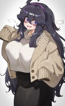 1girl @_@ ahoge black_hair black_skirt blush breasts brown_jacket commentary crop_top crop_top_overhang hairband hex_maniac_(pokemon) hex_maniac_(pokemon_xy) highres hizake_mozu jacket large_breasts long_hair long_skirt long_sleeves looking_at_viewer messy_hair nintendo open_mouth pokemon pokemon_xy purple_eyes purple_hairband shirt skirt smile solo symbol-only_commentary white_shirt
