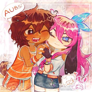 1boy 1girl alternate_eye_color animal_ears aubrey_(faraway)_(omori) aubrey_(omori) black_gloves blue_eyes blue_hairband blue_skirt blush bracelet brown_eyes brown_hair character_charm charm_(object) chibi chibi_only commentary dark-skinned_male dark_skin denim denim_skirt dog_boy dog_ears dog_tail double-parted_bangs english_commentary english_text fingerless_gloves forest_bunny_(omori) gbkfww gloves hair_between_eyes hairband jacket jewelry kel_(faraway)_(omori) kel_(omori) kemonomimi_mode long_hair mr._plantegg_(omori) omori one_eye_closed open_clothes open_jacket open_mouth orange_shorts pink_hair short-sleeved_jacket short_sleeves shorts skirt smile speech_bubble star-shaped_pupils star_(symbol) symbol-shaped_pupils tail teeth white_jacket