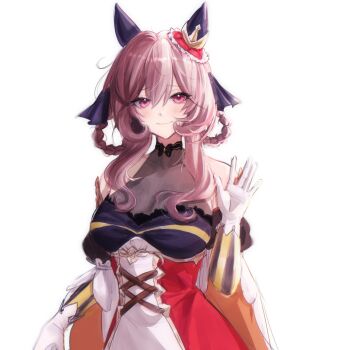 0yamiiii 1girl animal_ears bare_shoulders blush braid braided_hair_rings breasts brown_hair cleavage closed_mouth commentary corset detached_sleeves dress ear_covers ear_ornament english_commentary gentildonna_(regina_dei_fiori)_(umamusume) gentildonna_(umamusume) gloves hair_between_eyes hair_ornament hair_rings heart-shaped_ornament heart_ear_ornament highres horse_ears horse_girl large_breasts long_hair looking_at_viewer red_corset red_eyes see-through_cleavage see-through_clothes simple_background smile solo umamusume upper_body waving white_background white_gloves