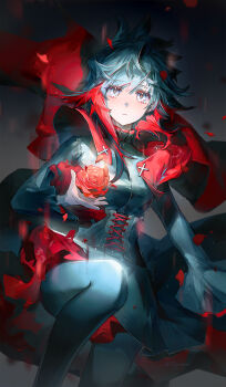 1girl black_corset black_dress black_pantyhose closed_mouth corset dress expressionless flower grey_eyes highres holding holding_flower long_sleeves looking_at_viewer multicolored_hair pantyhose petals petticoat red_flower red_petals colored_petticoat red_rose rose rose_petals ruby_rose rwby short_hair signature solo squatting two-tone_hair yuji_(fantasia)