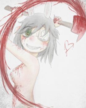 1girl @_@ animal_ears axe bandaged_arm bandages blood blood_on_body blood_on_breasts breasts completely_nude crazy_eyes crazy_smile eyepatch green_eyes grey_hair heart highres holding holding_axe implied_murder mentha_(menthalovely) mint_(menthalovely) nipples nude original rabbit_ears small_breasts smile teeth white_background