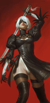 2b_(nier:automata) absurdres arm_up artist_request blindfold boots cleavage_cutout clothing_cutout covered_eyes cowboy_shot dress feather-trimmed_sleeves feather_trim gloves highleg highleg_leotard highres holding holding_sword holding_weapon juliet_sleeves leotard long_sleeves nier:automata nier_(series) puffy_sleeves standing sword thigh_boots thighhighs thighhighs_under_boots thong_leotard two-sided_dress two-sided_fabric virtuous_contract weapon white_hair white_leotard