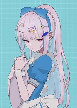 1girl apron aqua_background blue_dress blue_hair blue_ribbon blunt_bangs braid colored_inner_hair dress frilled_dress frills from_side grey_hair grid_background hair_ornament hair_ribbon hairclip hairpin half-closed_eyes haruwo highres holding holding_tray lize_helesta long_hair looking_at_viewer multicolored_hair multiple_hairpins nijisanji parted_lips puffy_short_sleeves puffy_sleeves purple_eyes ribbon sebastian_piyodore short_sleeves sidelocks solo streaked_hair tray upper_body very_long_hair virtual_youtuber waitress white_apron wrist_cuffs