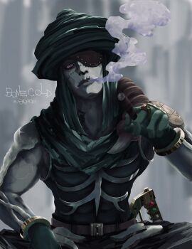 Rule 34 | 1boy, armor, bone cold, gloves, highres, kinnikuman, kinnikuman nisei, looking at viewer, monster boy, muscular, n ma17, scar, shaded face, sitting, smoking, solo, upper body, zombie