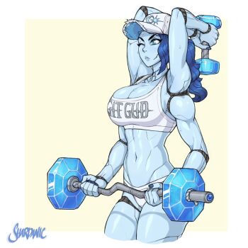 1girl barbell baseball_cap blue_eyes blue_hair blue_skin breasts cleavage colored_skin cracked_skin cropped_legs dumbbell elden_ring exercising extra_arms hat large_breasts long_hair one_eye_closed pink_background ranni_the_witch shardanic short_shorts shorts solo sports_bra weightlifting