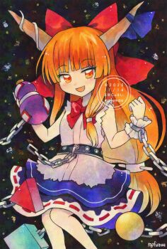 1girl artist_name ball_and_chain_restraint blush bow bowtie brown_horns chain chinese_commentary commentary cuffs dated gourd hair_bow highres holding holding_gourd horn_ornament horn_ribbon horns ibuki_suika long_hair looking_at_viewer maa_(forsythia1729) oni open_mouth orange_eyes orange_hair purple_skirt red_bow red_bowtie ribbon shackles shirt skirt smile solo touhou traditional_media twitter_username very_long_hair watermark white_shirt wrist_cuffs