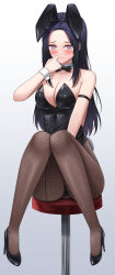 Rule 34 | absurdres, animal ears, black bow, black bowtie, black hair, black leotard, black pantyhose, bow, bowtie, breasts, character request, cleavage, detached collar, fishnet pantyhose, fishnets, gradient background, grey background, highres, large breasts, last origin, lazb., leotard, pantyhose, playboy bunny, purple eyes, rabbit ears, rabbit tail, stool, tail, white background, wrist cuffs