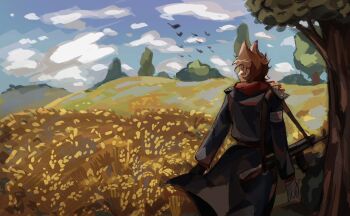 1boy animification antenna_hair bad_id bad_twitter_id bandaged_arm bandaged_hand bandages belt blue_coat blue_sky brown_hair cloud cloudy_sky coat cowboy_shot drawstring eddsworld flipped_hair from_behind grass gun hair_ears hill hood hood_down inactive_account long_sleeves male_focus mautilis_(uvonnn) nature outdoors painterly red_belt red_hood red_leader_(eddsworld) rifle scenery short_hair sky solo standing tord_(eddsworld) tree weapon wide_shot