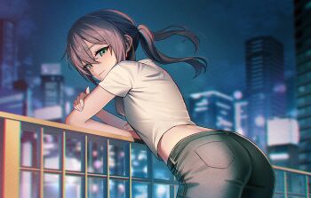 1girl absurdres against_railing brown_hair building city cityscape commentary_request commission crossed_arms denim green_eyes hair_between_eyes highres jeans looking_at_viewer looking_back night original pants ponytail railing shirt sion_(9117) skeb_commission skyscraper solo white_shirt